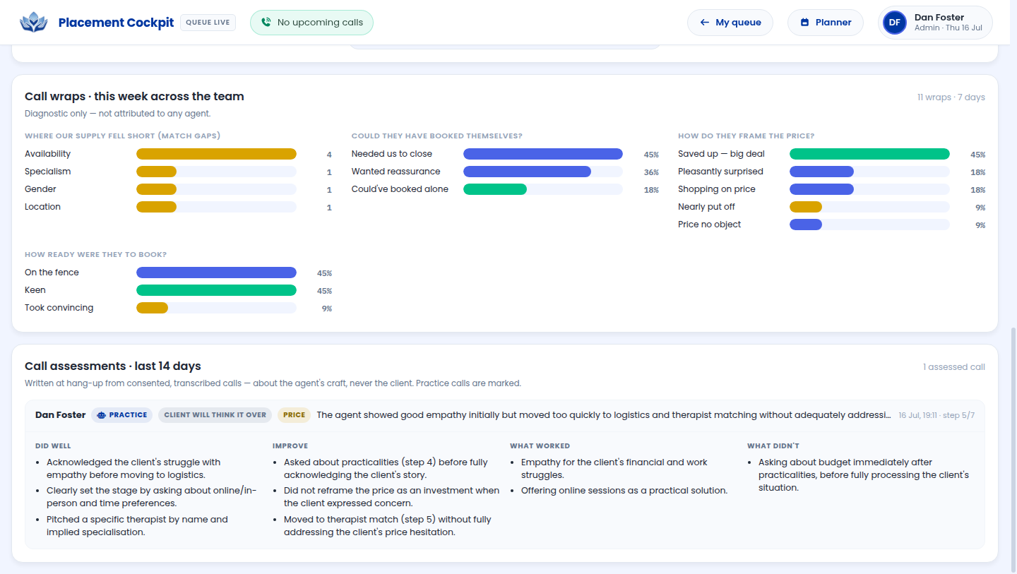 Call assessments on the team page