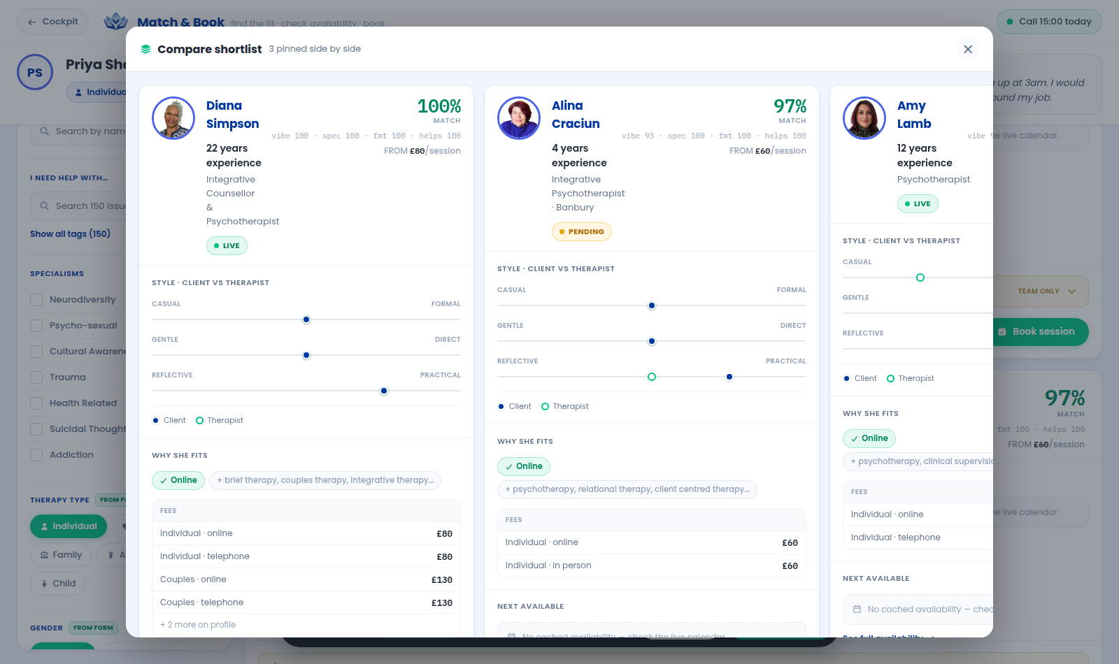 Compare pinned shortlist side by side