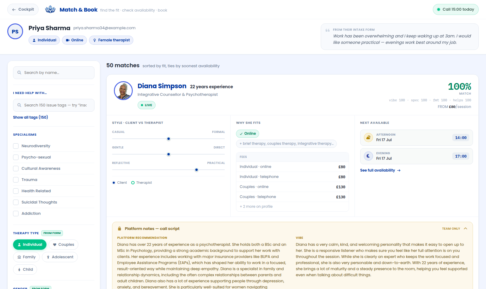Match & Book workspace with filters