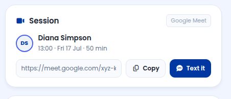 Session card with the Google Meet link