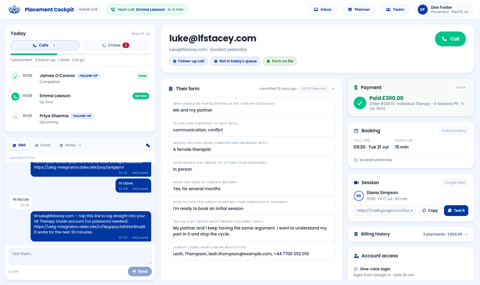 Client page with SMS thread, call button, payment and session cards