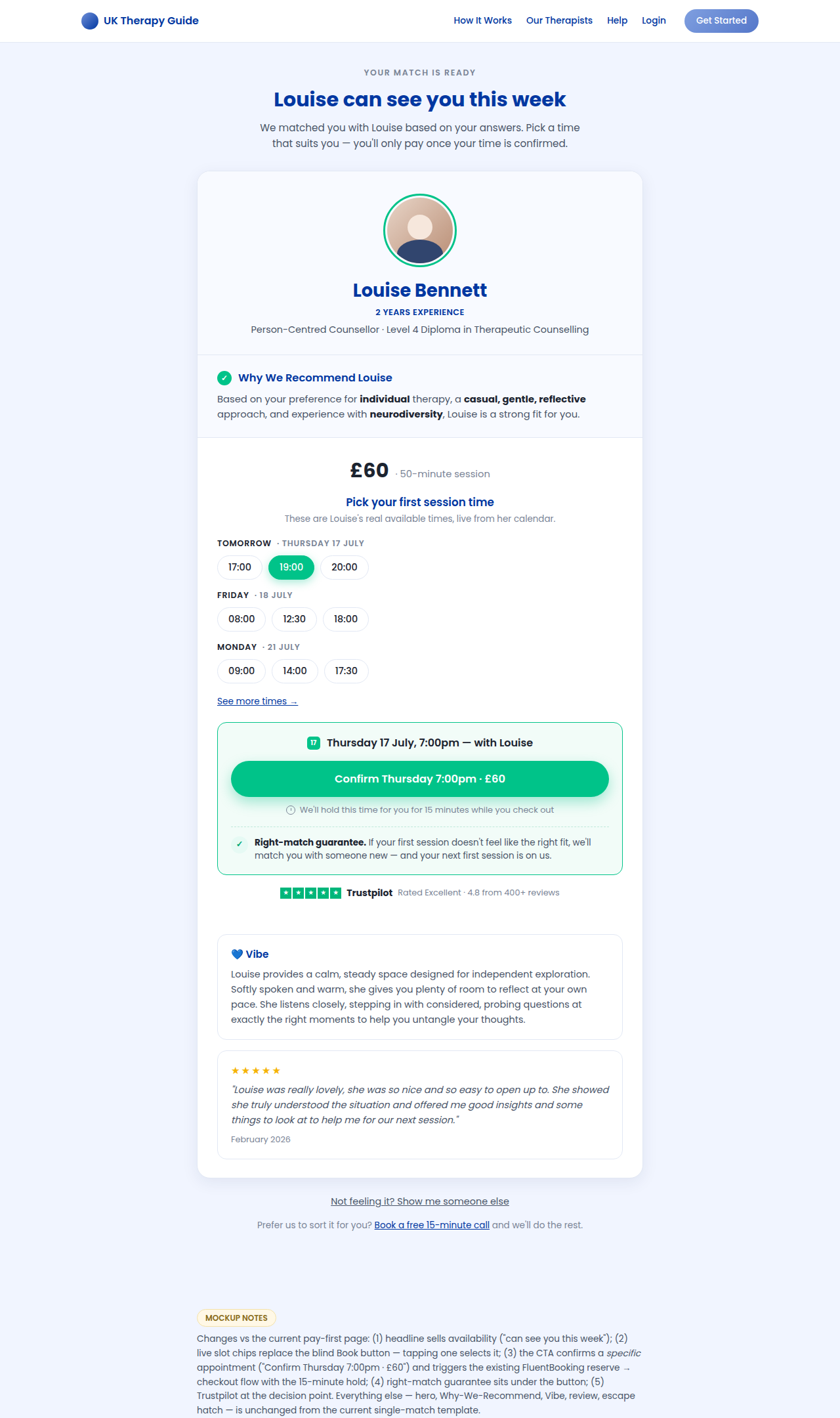 Mockup — slot-first single match page with real times, confirm CTA, guarantee and Trustpilot