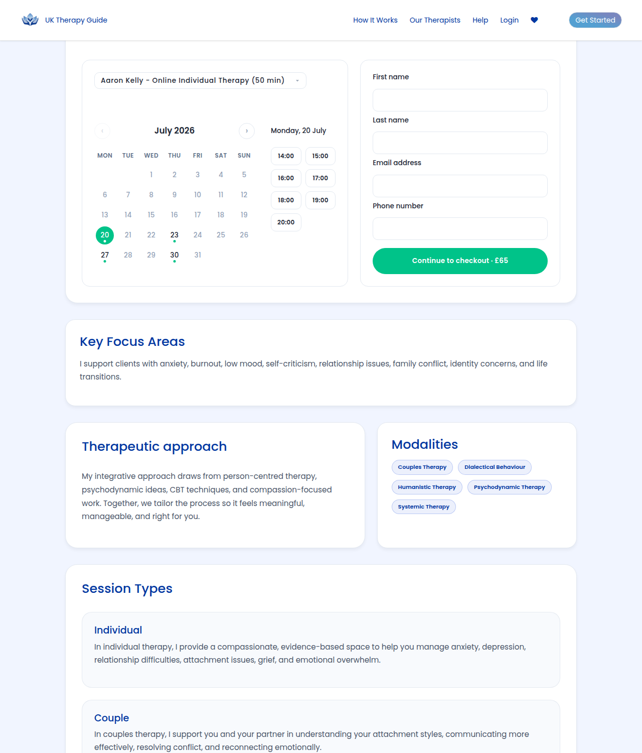 Therapist profile booking — calendar, slots, continue to checkout
